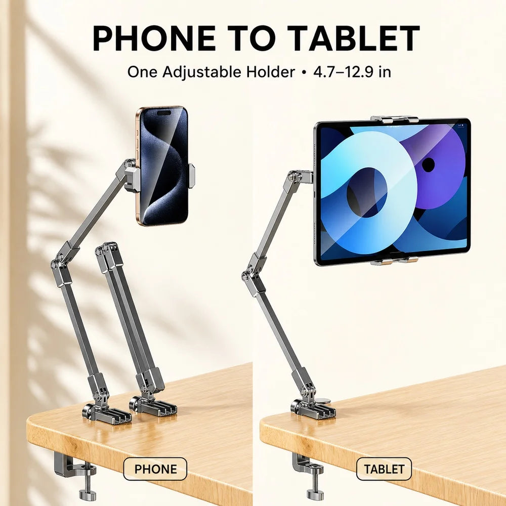 Adjustable Bed Phone Holder Stand for 4.7-12.9 Inch Phone Tablet, Foldable Metal Arm Desk Clamp, 360° Viewing