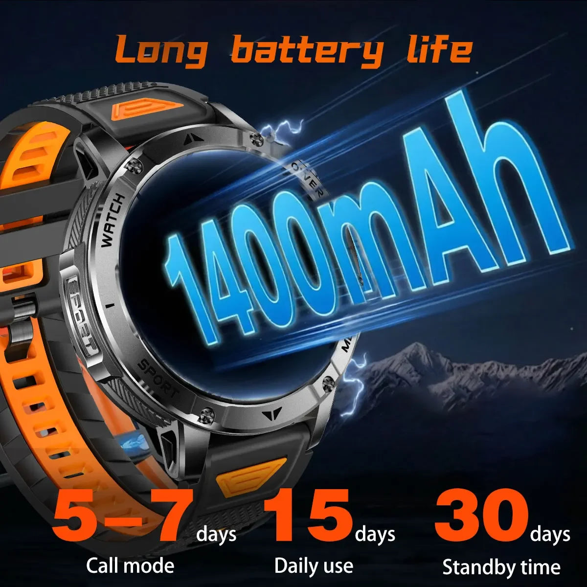 Ultra Large 1400mAh Battery Sport Smartwatch 1.7” Heart Rate Tactical Strong Flashlight 5ATM Waterproof Call Smart Watch For Men