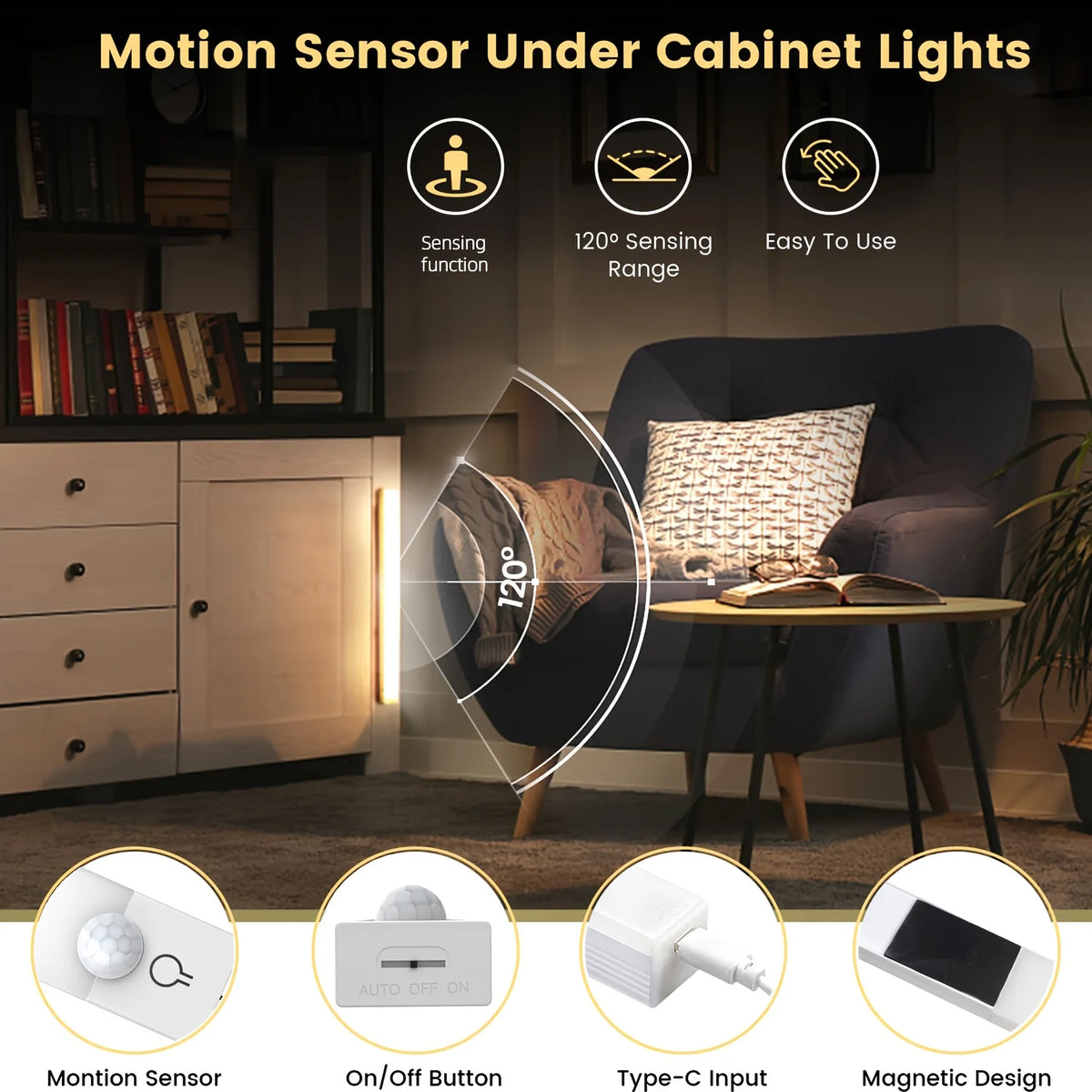 3pcs LED Motion Sensor - Dimmable Cabinet Lights, USB Rechargeable,3Color Modes,Night Light, for Bedroom,Staircase, Kitchen,Room