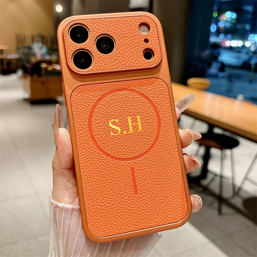 Personalized Custom Name Thin Circle Magnetic Lychee Pattern TPU Phone Case for iPhone 17 16 15 14 13 Pro Max Air Gift