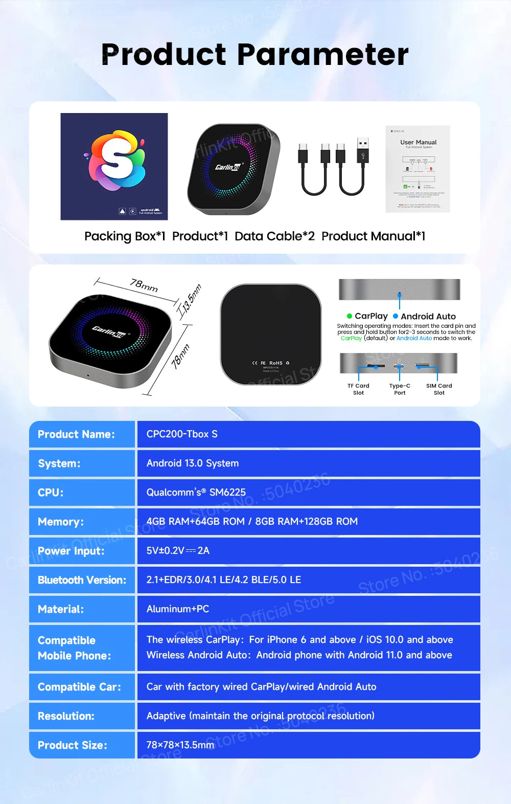 CarlinKit TV Box S2F Android 13 CarPlay Ai Box SM6225 8 Cores Wireless CarPlay Android Auto Video Streaming Box 4G LTE &WiFi GPS