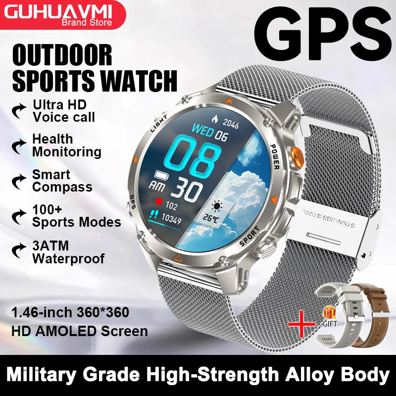 2026 New GPS Map Navigation Smart Watch Men Women Amoled Screen 3ATM Waterproof Sport SmartWatch Compass NFC BT Call Watches Men