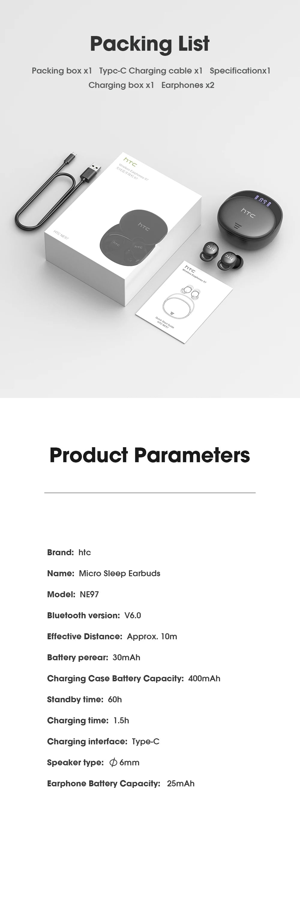 Micro Sleep Wireless Earbuds HTC NE97 Bluetooth 5.3 Pain-Free Fit 18H Playtime Friendly Earphones Soft Sound Side-Sleep