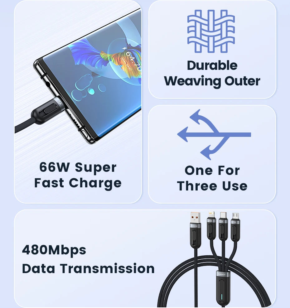 Toocki 3 in 1 USB C Cable 6A Fast Charge for Huawei Honor Micro USB Lightning Charger Cord for iPhone 14 Samsung Xiaomi Oneplus