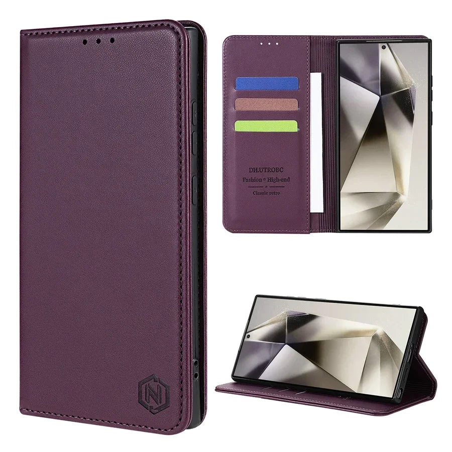 Wallet Skin Friendly Magnetic Slot Flip Leather Case For Samsung Galaxy S26 Ultra S25 Edge S24 FE S23 Plus S22 S21 S20FE S10+