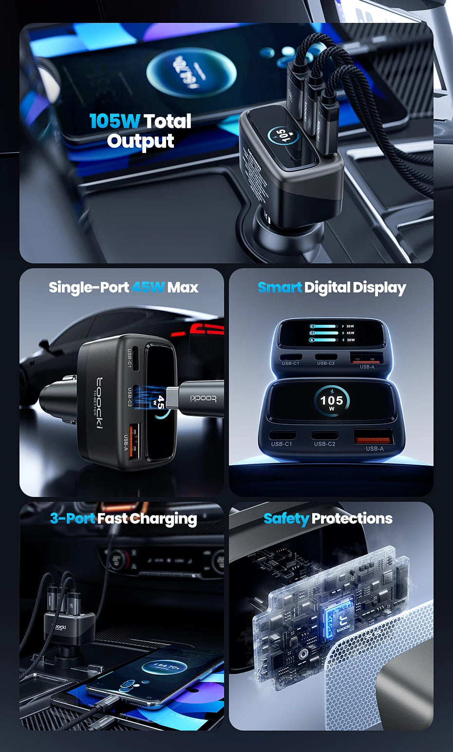 Toocki 105W 3-in-1 Car Charger PD 45W 30W PPS Fast Charging Type C Display Car Phone Charger For iPhone 17 16 Samsung S23 S24
