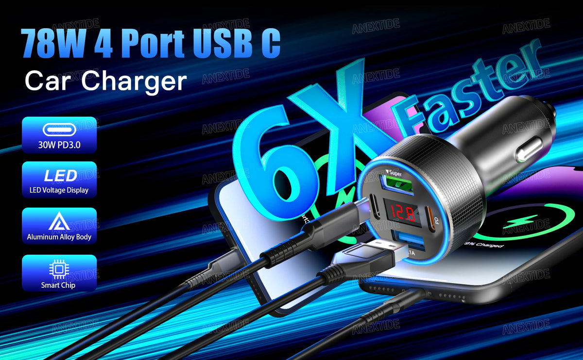 USB C Car Charger 4 Port Car Charger Adapter with LED Voltmer, Aluminium Alloy Car Cigarette Lighter USB Charger