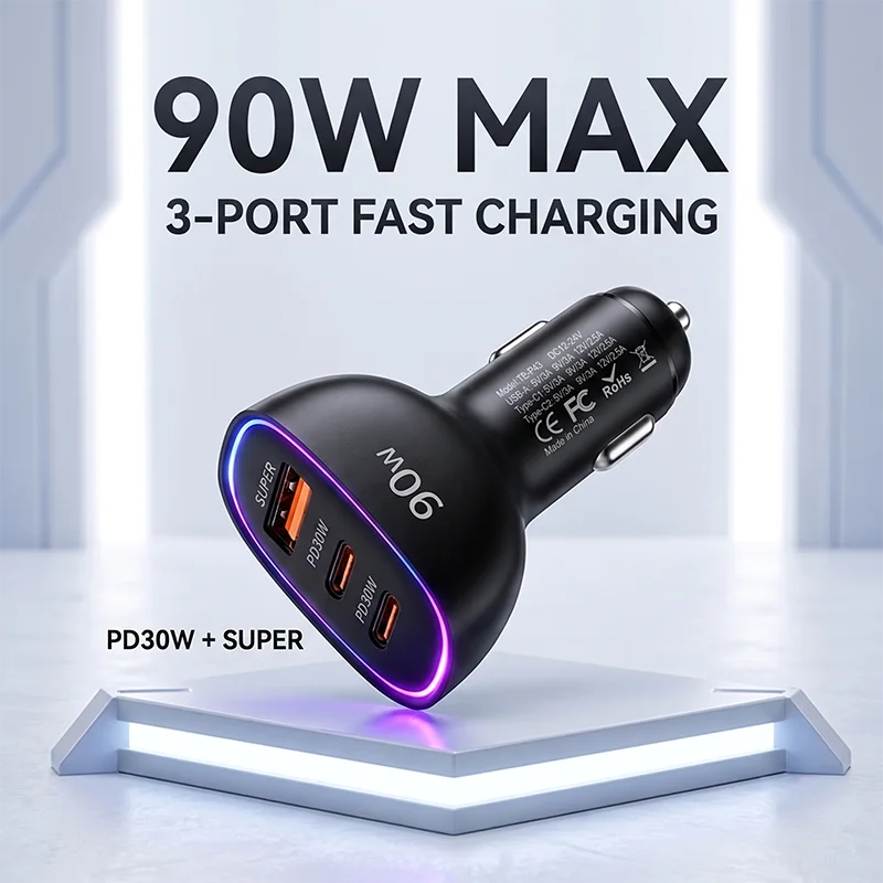 90W USB C Car Charger 3-Port Super Fast Charging Adapter Dual PD 30W and USB A with LED Ring Light For iPhone 17 16 For Samsung