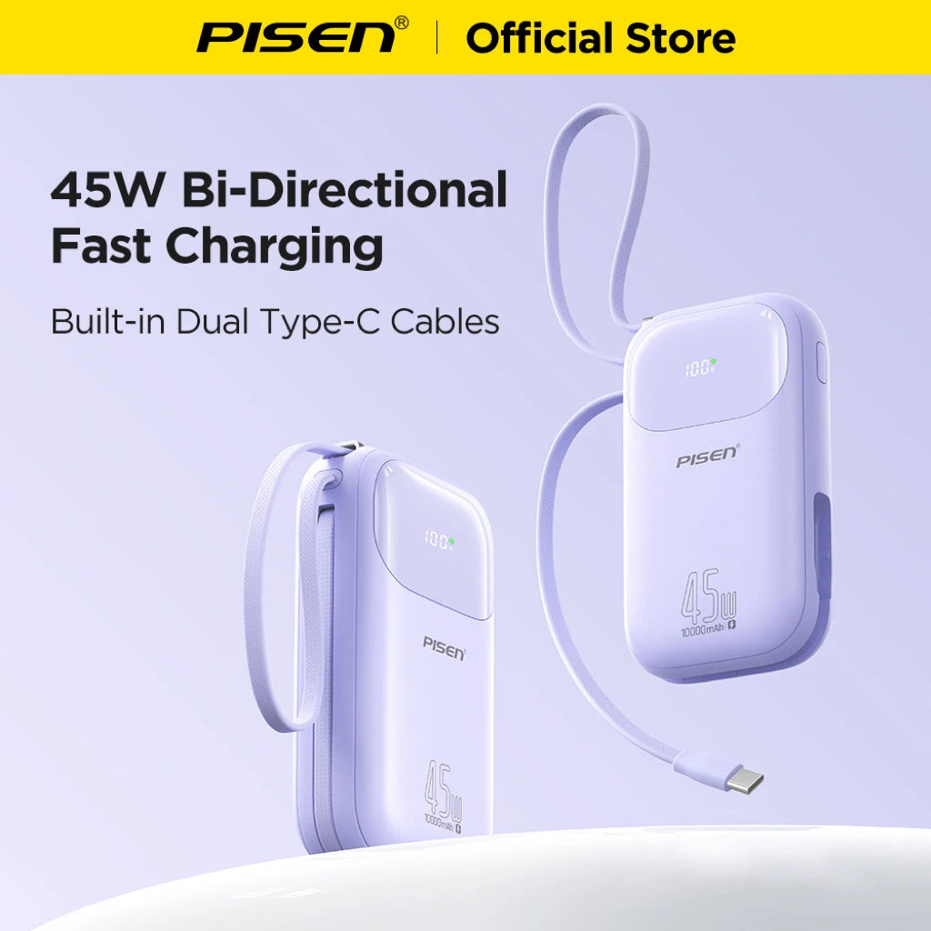 PISEN 45W Fast Charging Power Bank Built-in Dual USB-C Cable 10000mAh/ 20000mAh Mini Portable Powerbank For iPhone 17 Xiaomi