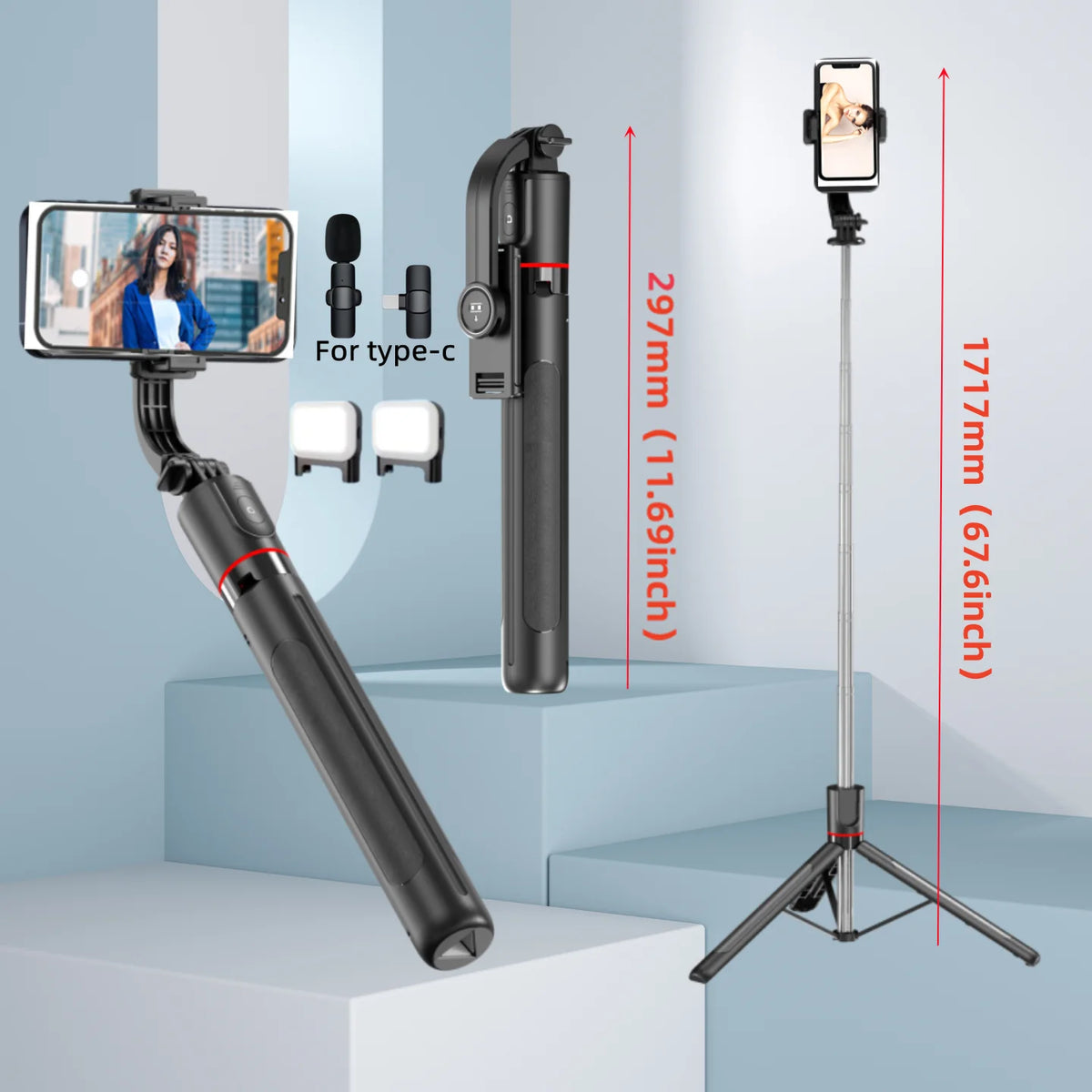 FANGTUOSI Selfie Stick Tripod with Bluetooth Remote, 6-Section Extendable Pole, 360° Rotation, Fill Light Option, for Phone Vlog