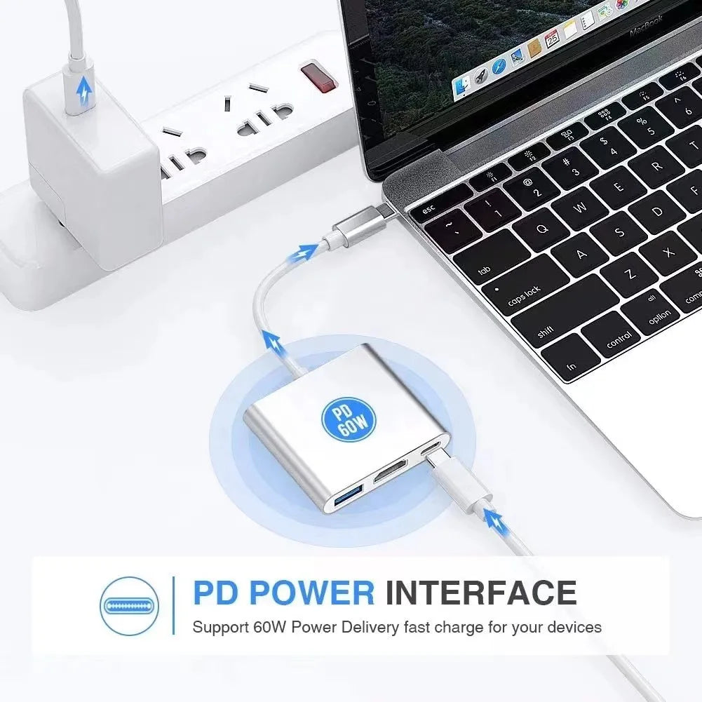 3-in-1 USB C Hub 100W Power Delivery USB 3.0 with 4K HDMI-Compatible for MacBook Chromebook Steam Deck - Stable HUB Adapter