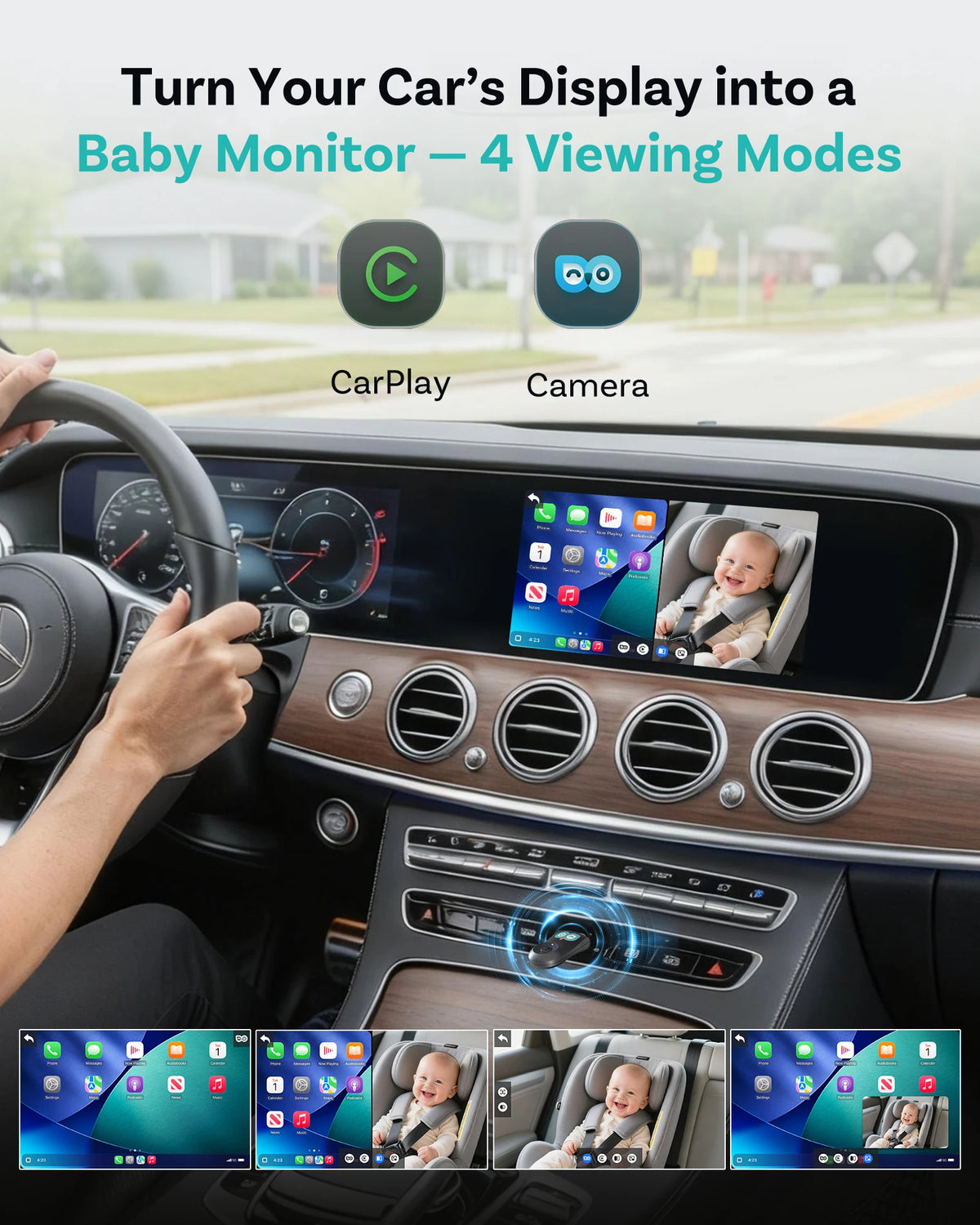 OTTOCAST Cabin Care Baby Car Camera Wireless Carplay Adapter 1080P 150° Wide Angle Night Vision Back‑Seat Monitor Easy Install