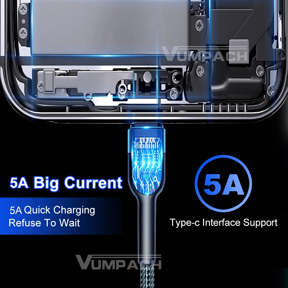 5A USB Type C Cable Wire For Samsung S10 S20 Xiaomi mi 11 Mobile Phone Fast Charging USB C Cable Type-C Charger huawei Cables