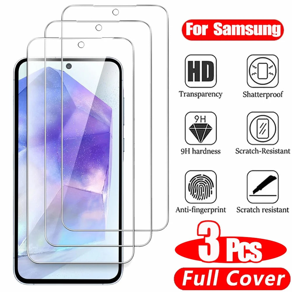 3PCS HD Tempered Glass For Samsung A18 A17 A27 A37 A57 A16 A26 A36 A56 A55 A53 A54 A35 A25 A15 Screen Protector Samsung Galaxy S26 S25 S24 Ultra Cristal Templado S24 FE S23 S22 S21 Plus