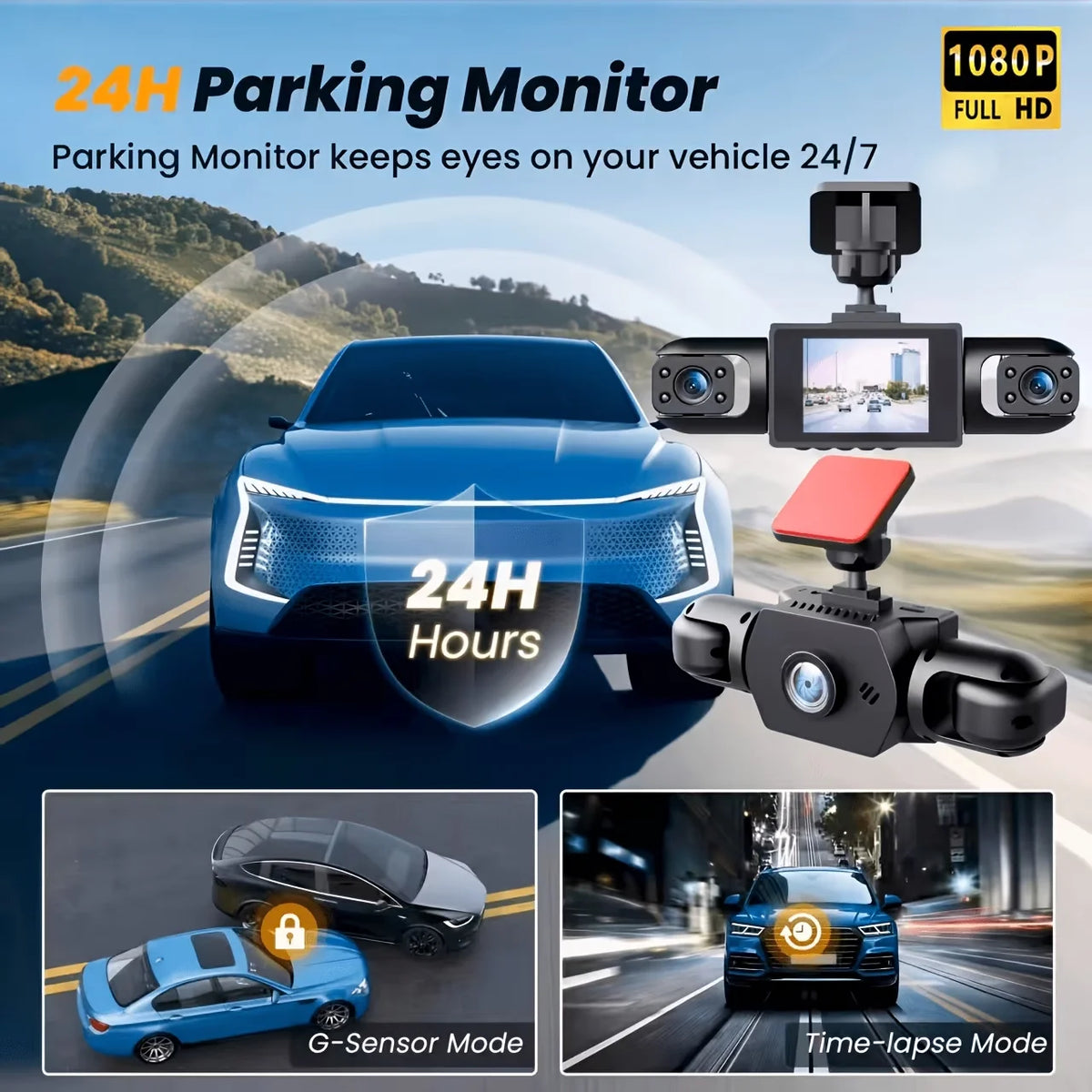 3/4-Lens 360° Panoramic Dash Cam, IR Night Vision, Auto Loop Recording, G-Sensor Motion Detection, 12H/24H Continuous Recording