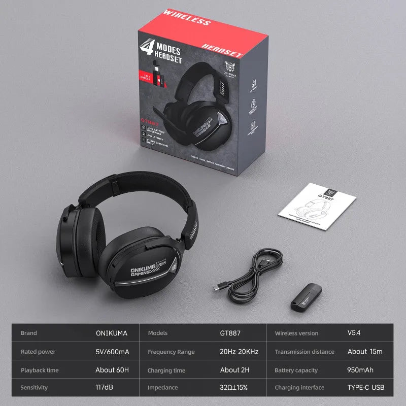 ONIKUMA GT887 Wireless Gaming Headset 4-Mode Bluetooth Headphones Ultra-Low Latency With Mic Wired For PS5 PC Switch Xbox Gamer