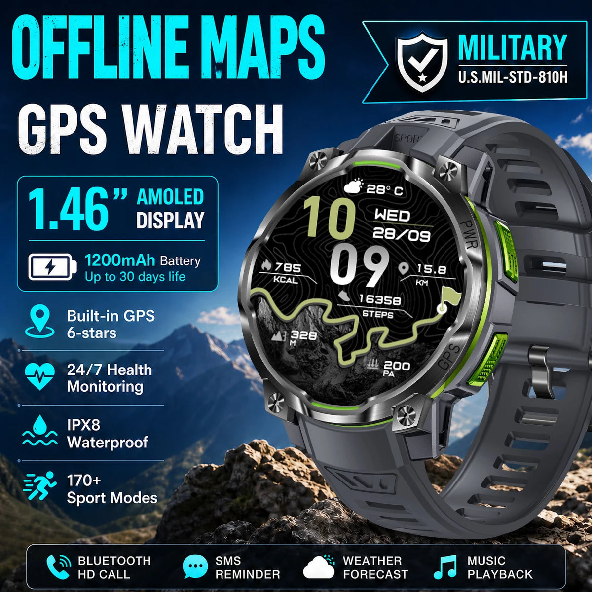 Men Outdoor GPS Smartwatch Offline Map 107 Sport Modes 1200mAh Battery BT Call Heart Rate BP SpO2 Fitness Sports Wrist Watch