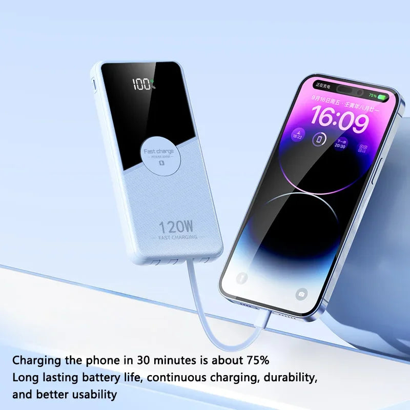 PowerBank 200000mAh Large Capacity with 4 Cables Fast Charging Portable Battery Charger for IPhone16 15 14 Samsung Xiaomi