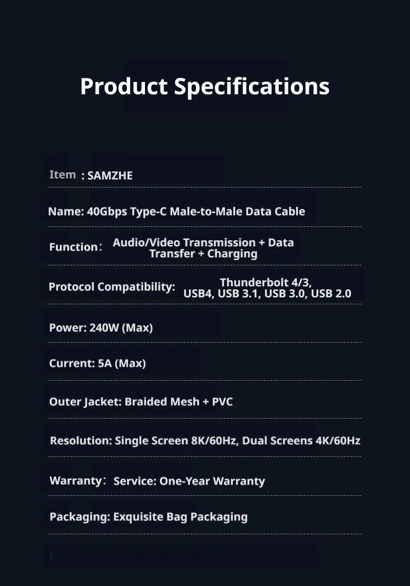SAMZHE USB4 USB C to USB C Cable 40Gbps 8K 240W PD3.1 Fast Charging Type C Data Video Cable for MacBook iPhone iPad Monitor Dock
