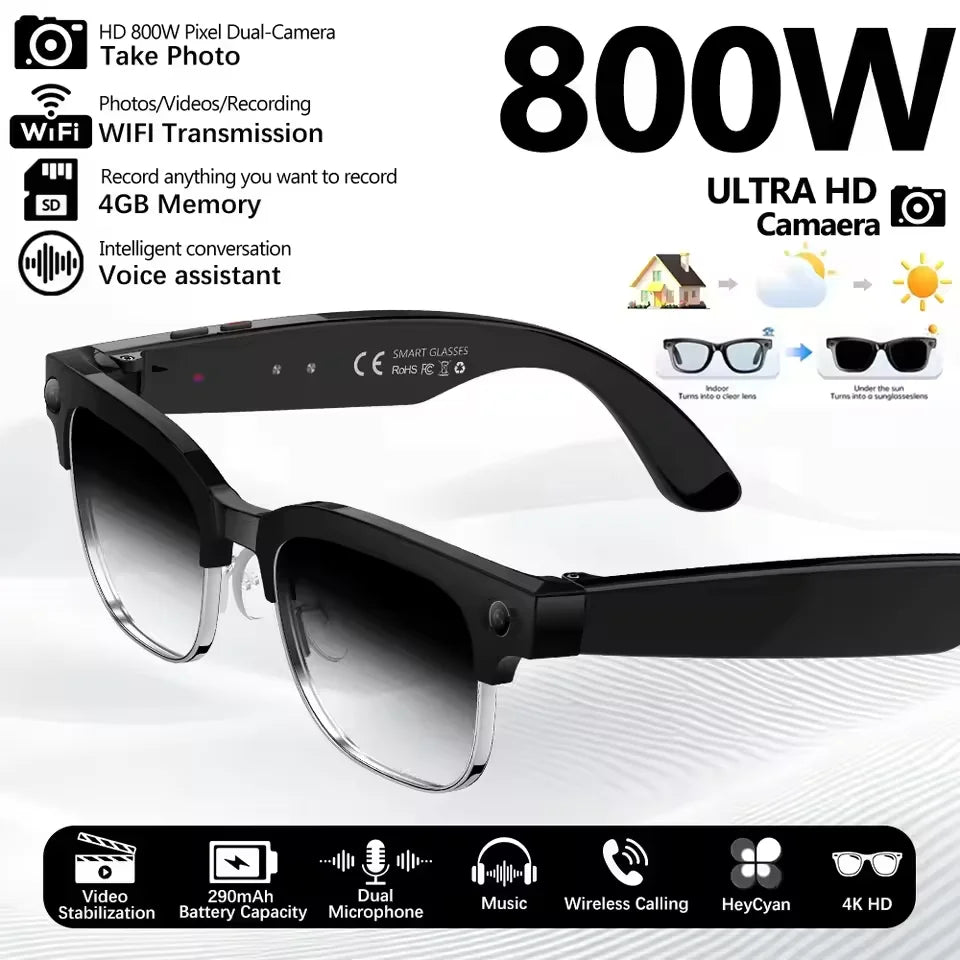 2026 New HD 800W Pixel Smart Glasses with Camera 1080P Video Recording WIFI ChatGPT Translation Music Call Earphones Sunglasses