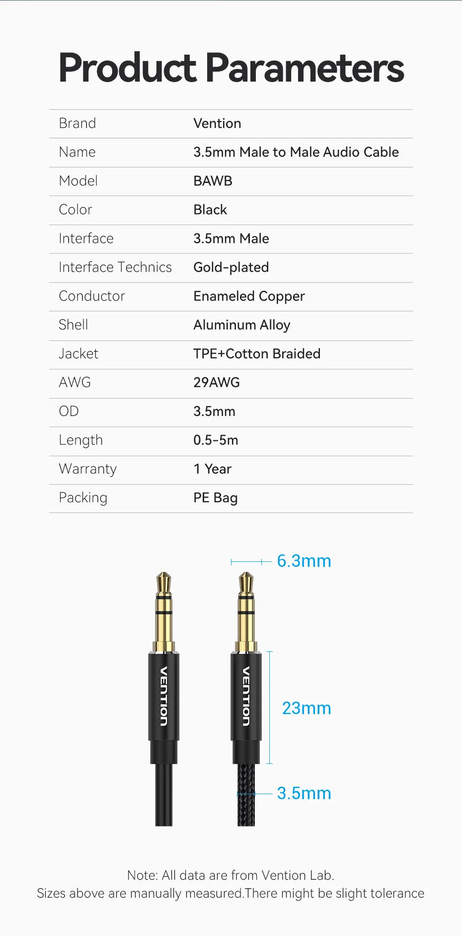 Vention Jack 3.5 Audio Cable Jack 3.5mm Male to Male Speaker Aux Cable for iPhone Samsung Headphone Xiaomi Car Audio Aux Cord