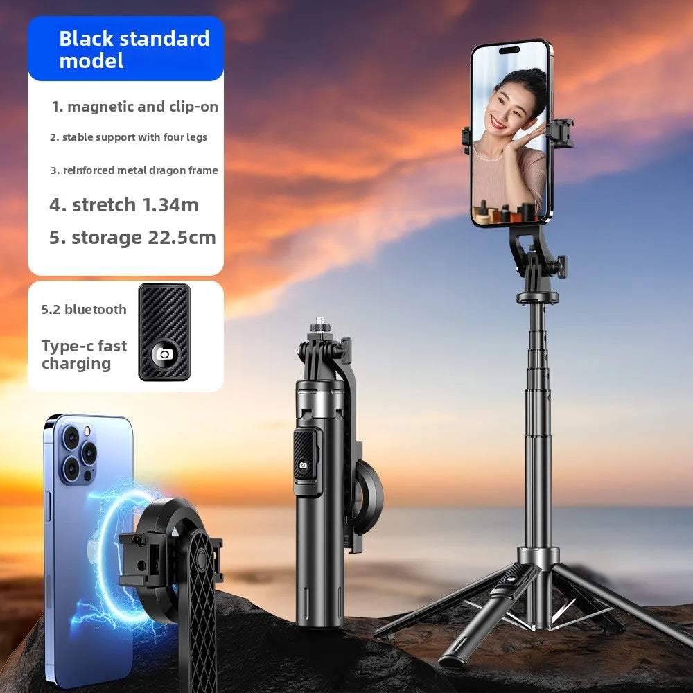 P135 Magnetic Bluetooth Selfie Stick Tripod, Universal Phone Floor Stand with 4-Leg Stable Base, Wireless Remote Photo Shooting,