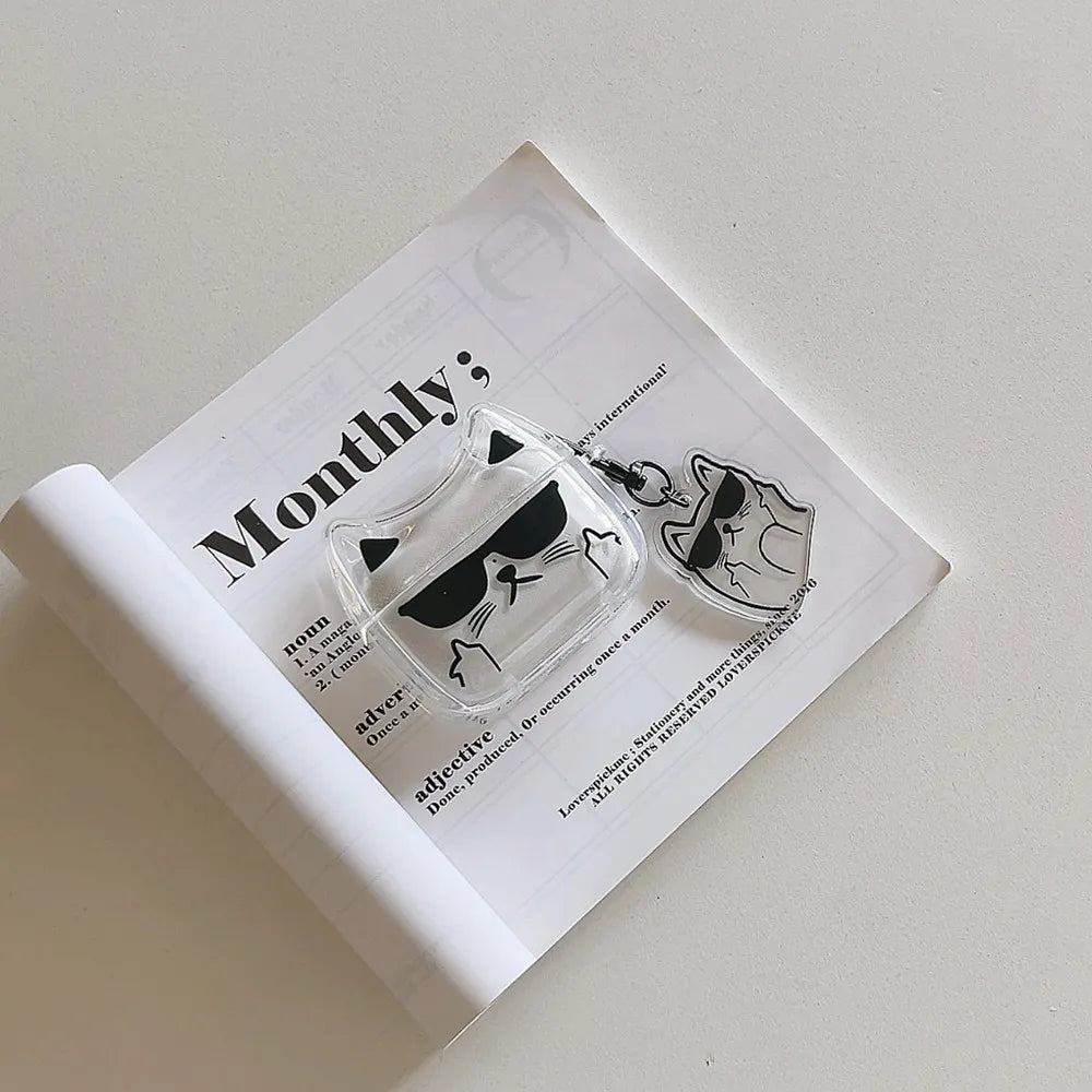 Cute Cartoon Sunglasses Cat Earphone Case For Airpods Pro 2 Bluetooth Headphone Cover For AirPods 4 3 2 Protective Case Keychin