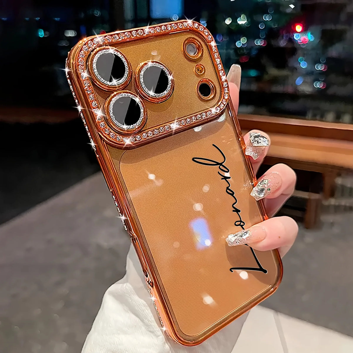  Custom Letters Name Starry Orange Rhinestone Glitter Frame Clear Phone Case For Iphone 13 14 15 16 17 18 Pro Max Air