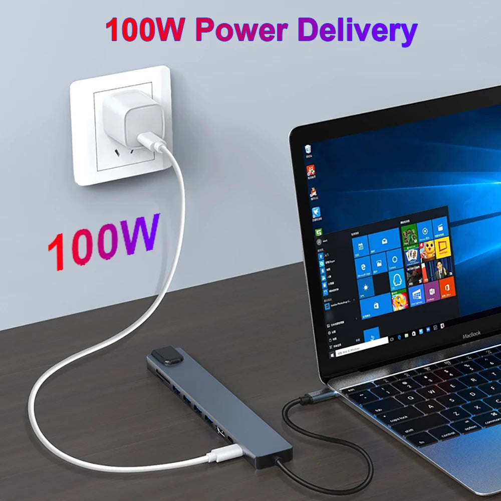 USB C HUB 4K30Hz Docking Station 8-IN-1 USB 3.0 Splitter Type C to RJ45 SD/TF Card Reader for MacBook Notebook Laptop Computer