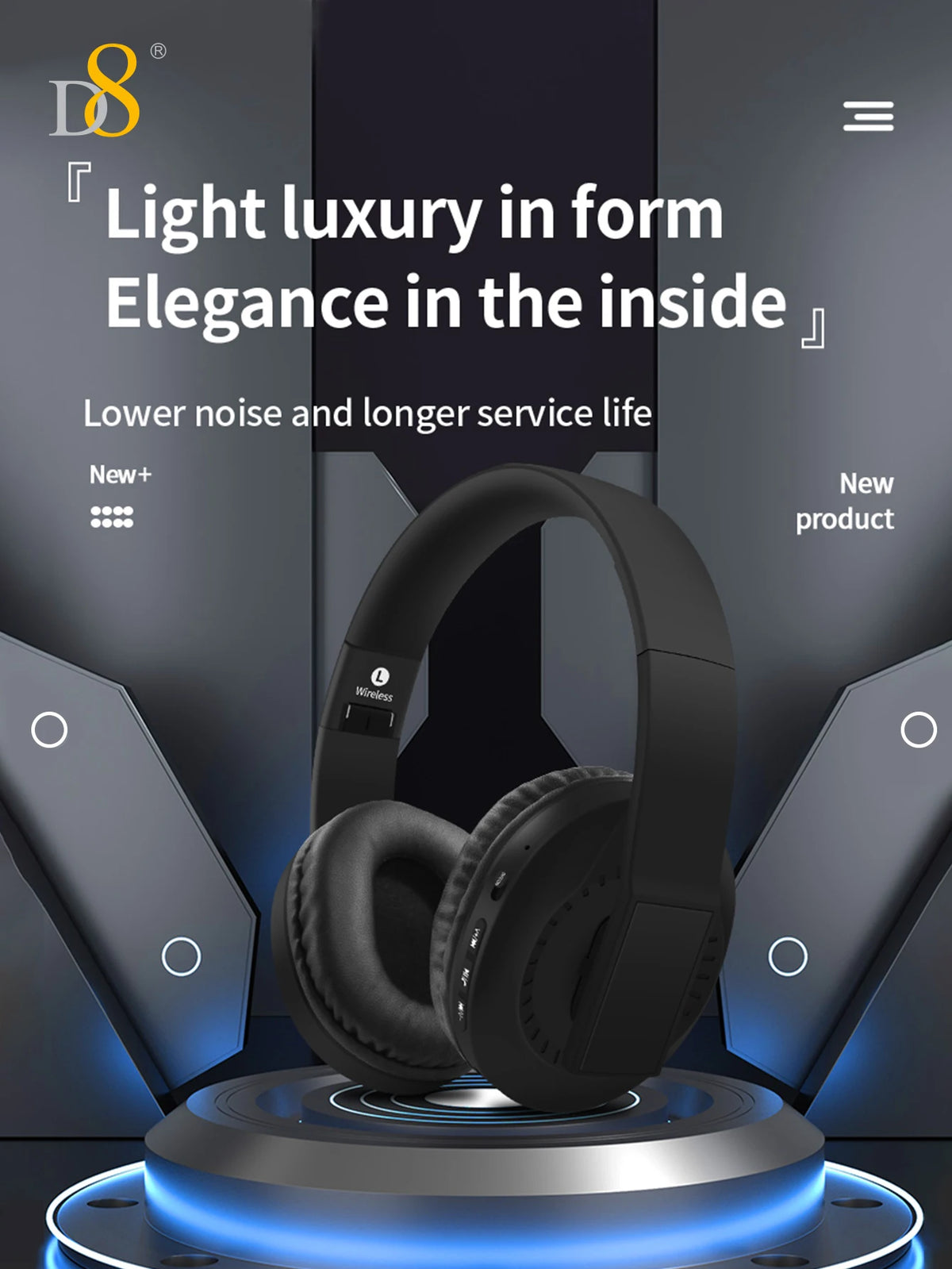 D8 Over Ear Headphones, Wireless and Wired Headset Built-in Microphone, Micro SD Card Slot - (Stealth) 40H Playtime