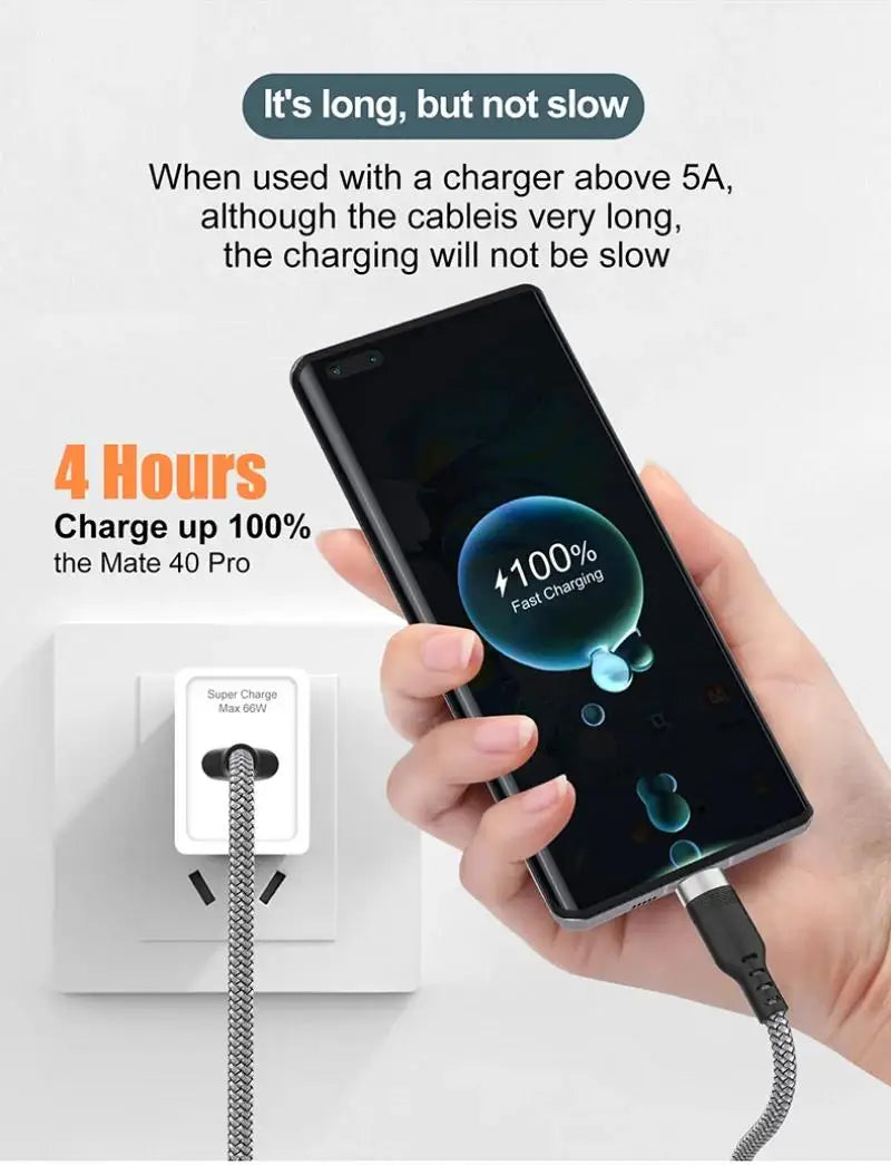 USB A to Type C Charging Extended Cable 6A Fast Charger Nylon Data Cable 1/3/5/8m For iPhone Samsung Type USB C Charging Device