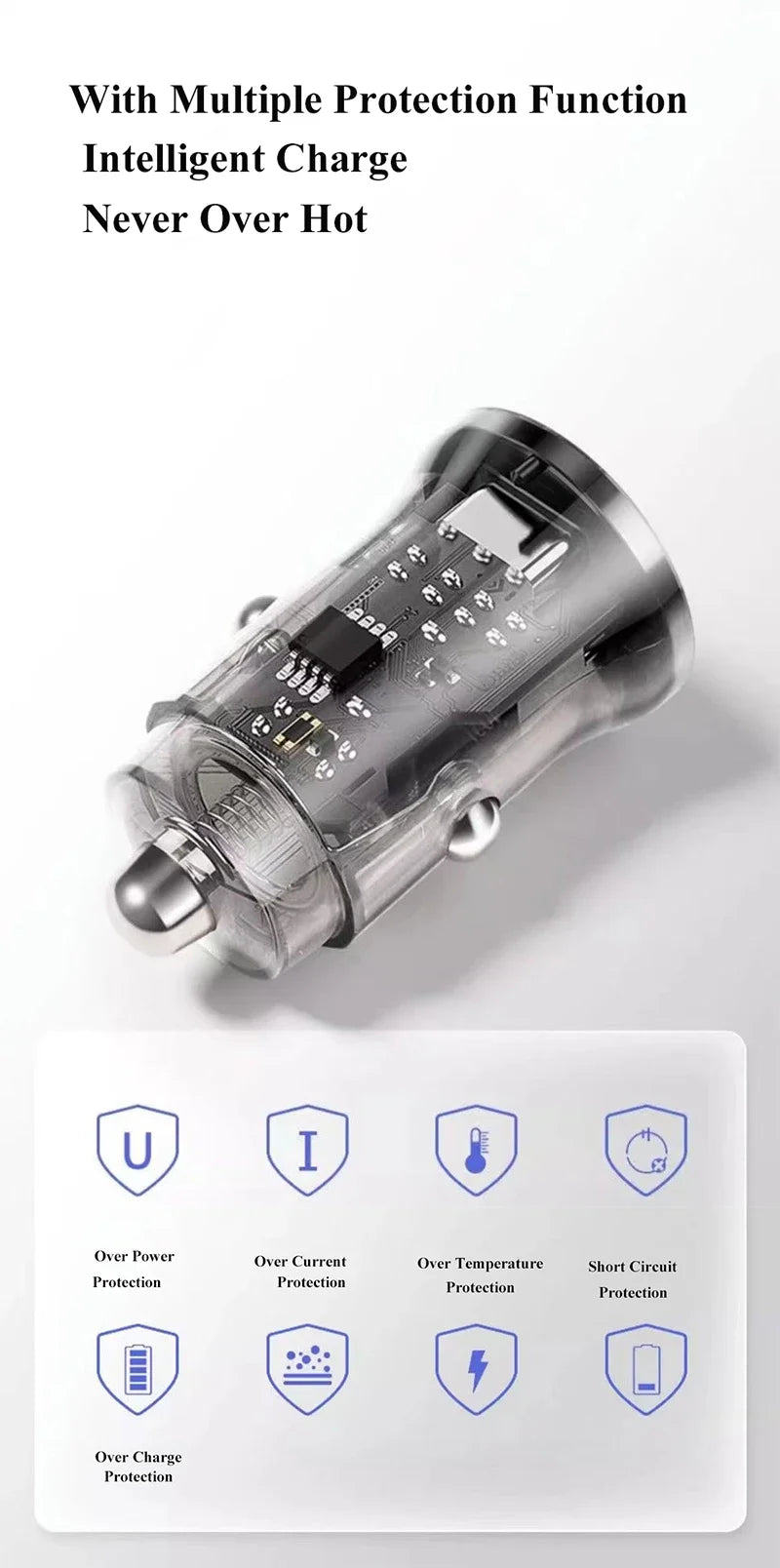 Transparent USB C Car Phone Charger PD 30W Super Fast Charge Adapter for iPhone 15 Pro Max 14 iPad Samsung Oppo Huawei Vivo
