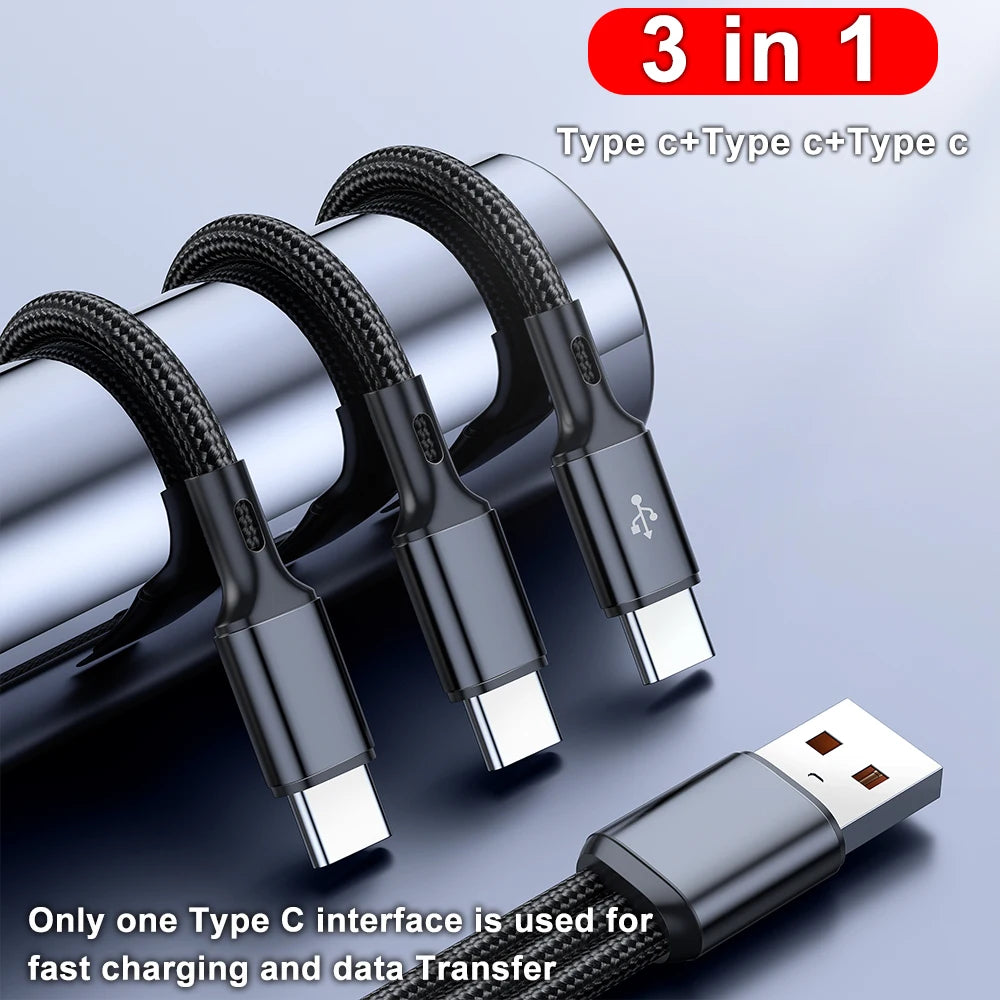240W USB C Phone Charger Fast Charging Wall Adapters 100W 6A 3 In 1 USB-A to 3 ×Type-C Data Cables For iPhone 15 Samsung Xiaomi
