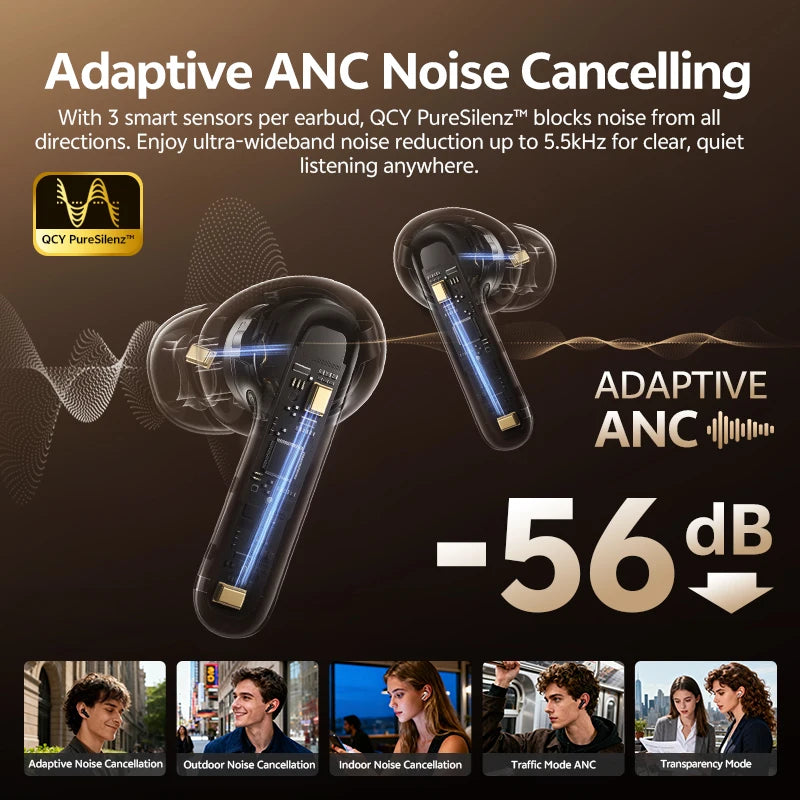 QCY BH25HT19A MeloBuds N60 Hybrid ANC Wireless Bluetooth 6.0 Earbuds LDAC Hi-Res Audio Dual Driver Headphone Bass Boost Earphone