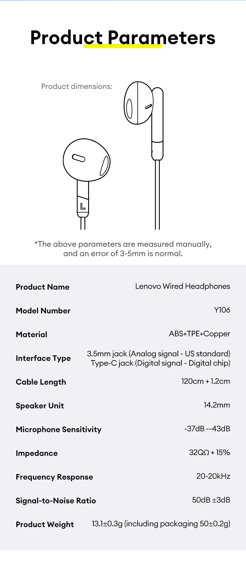 Lenovo Y106 3.5mm TypeC Wired Earphone With Microphone In Ear Wire-controlled Headset HiFi Sound Gaming Earbuds Low Latency New