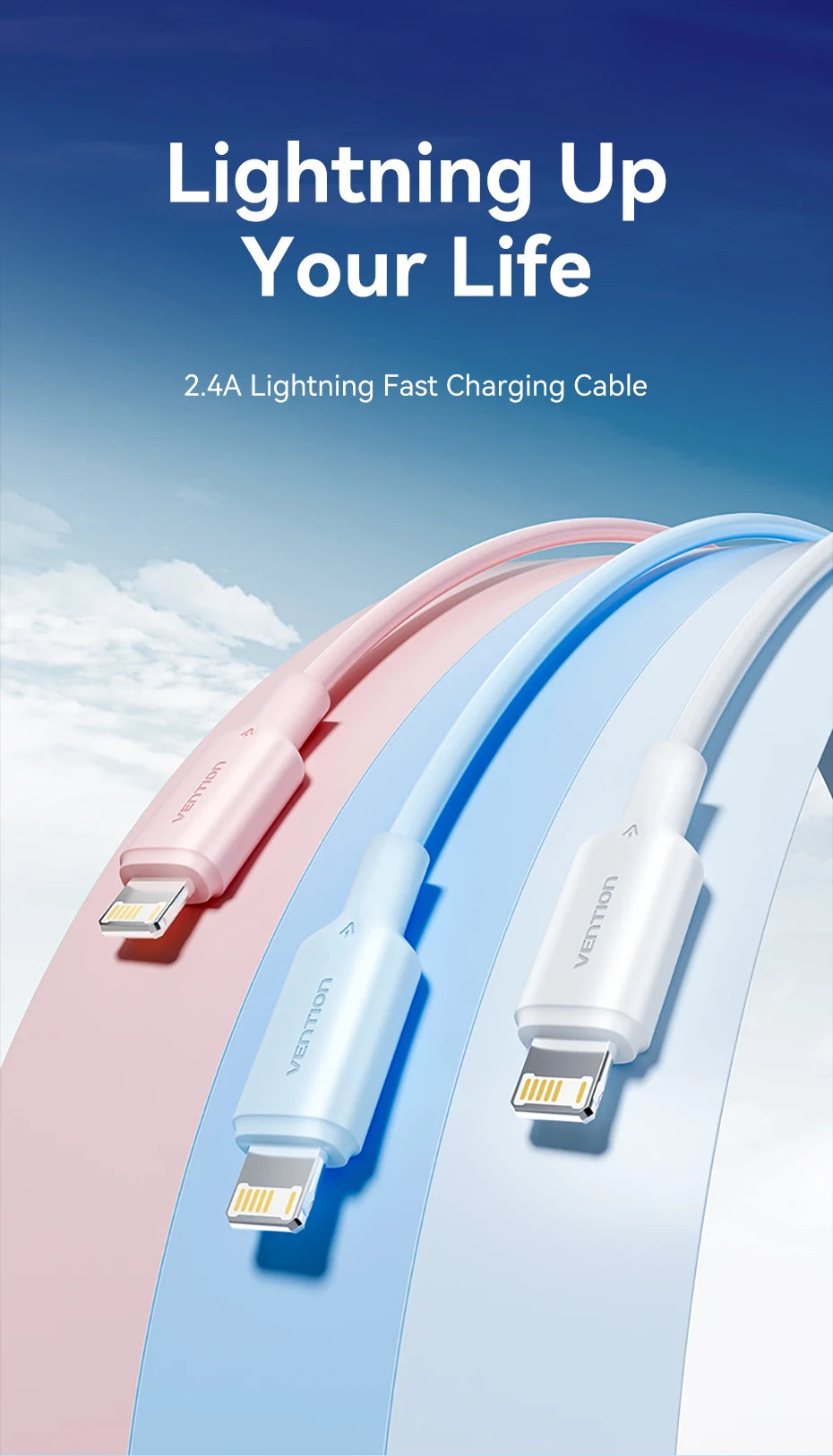 Vention Lightning Cable 2.4A for iPhone 14 13 12 11 8 Pro Max 2.4A USB A to Lightning Fast Charge Cord for iPad Phone Data Cable