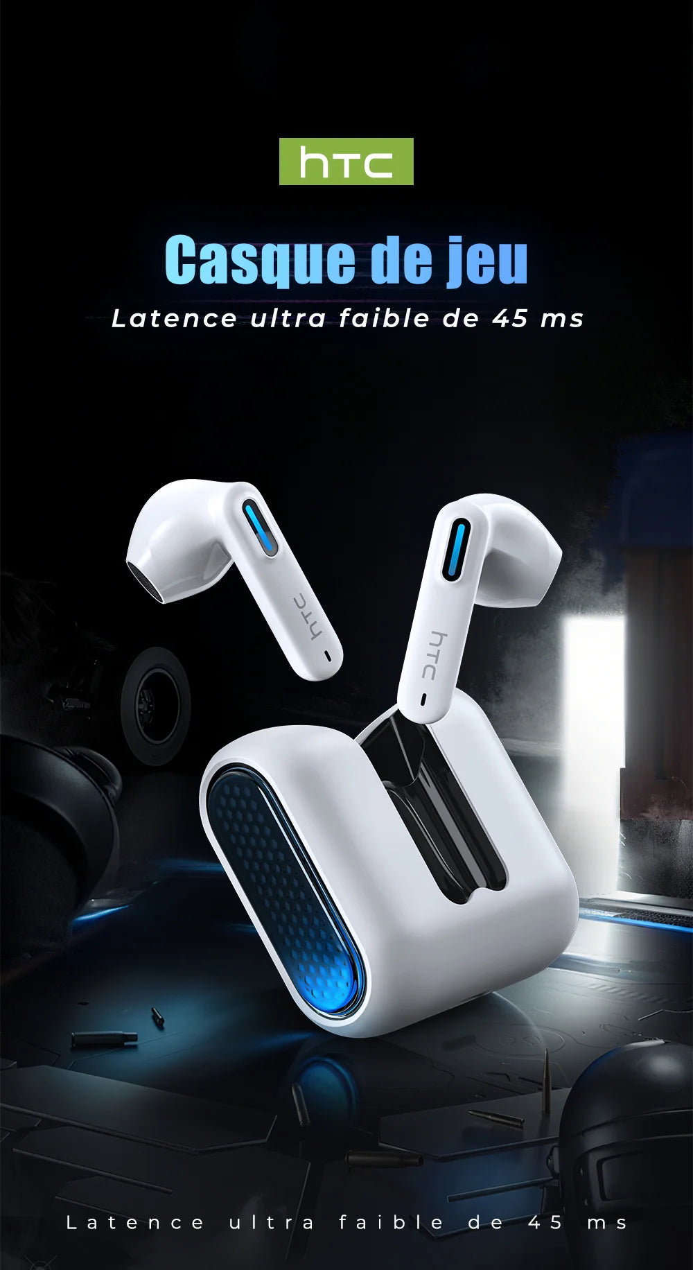 HTC Wireless Bluetooth Earphones Low Latency Gaming Headphones USB-C 30Hrs Playback Comfortable Earbuds With Noise Canceling Mic
