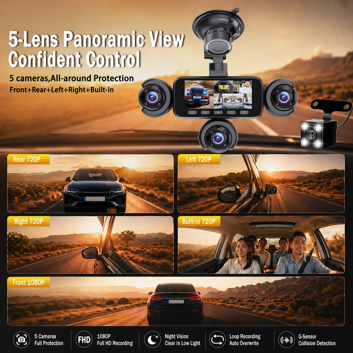 BCUOZ 360° Dashcam 5-Lens 1080P Front 720P Rear Left Right Car Cameras Super Night Vision G-Sensor WDR Loop Recording 12-24V Plug Power Supply Optional 64GB Memory Card