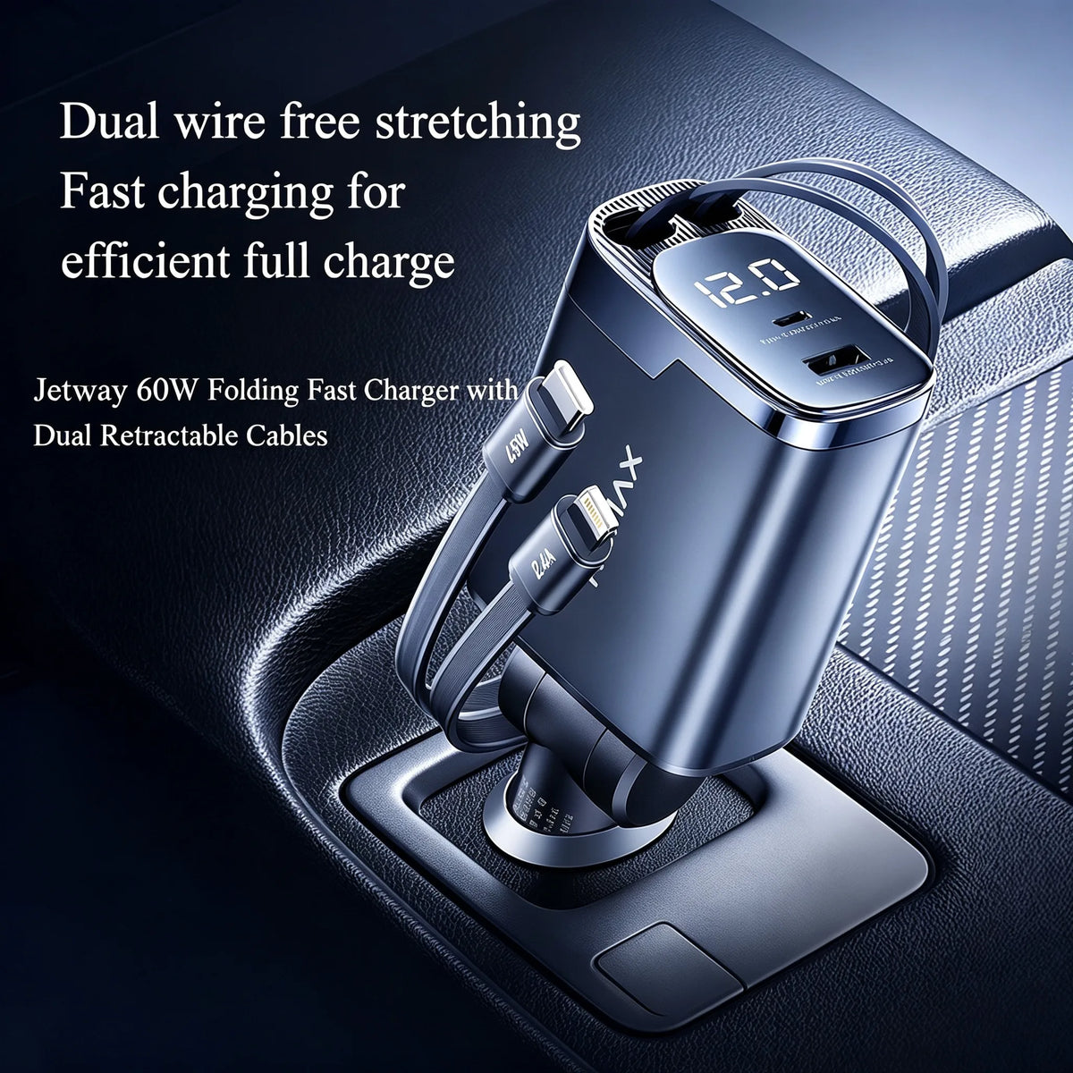 REMAX 60W Dual Retractable Cable Foldable Car Charger PD45W 4 Ports Voltage Display Fast Charging For Laptop Tablet Phone
