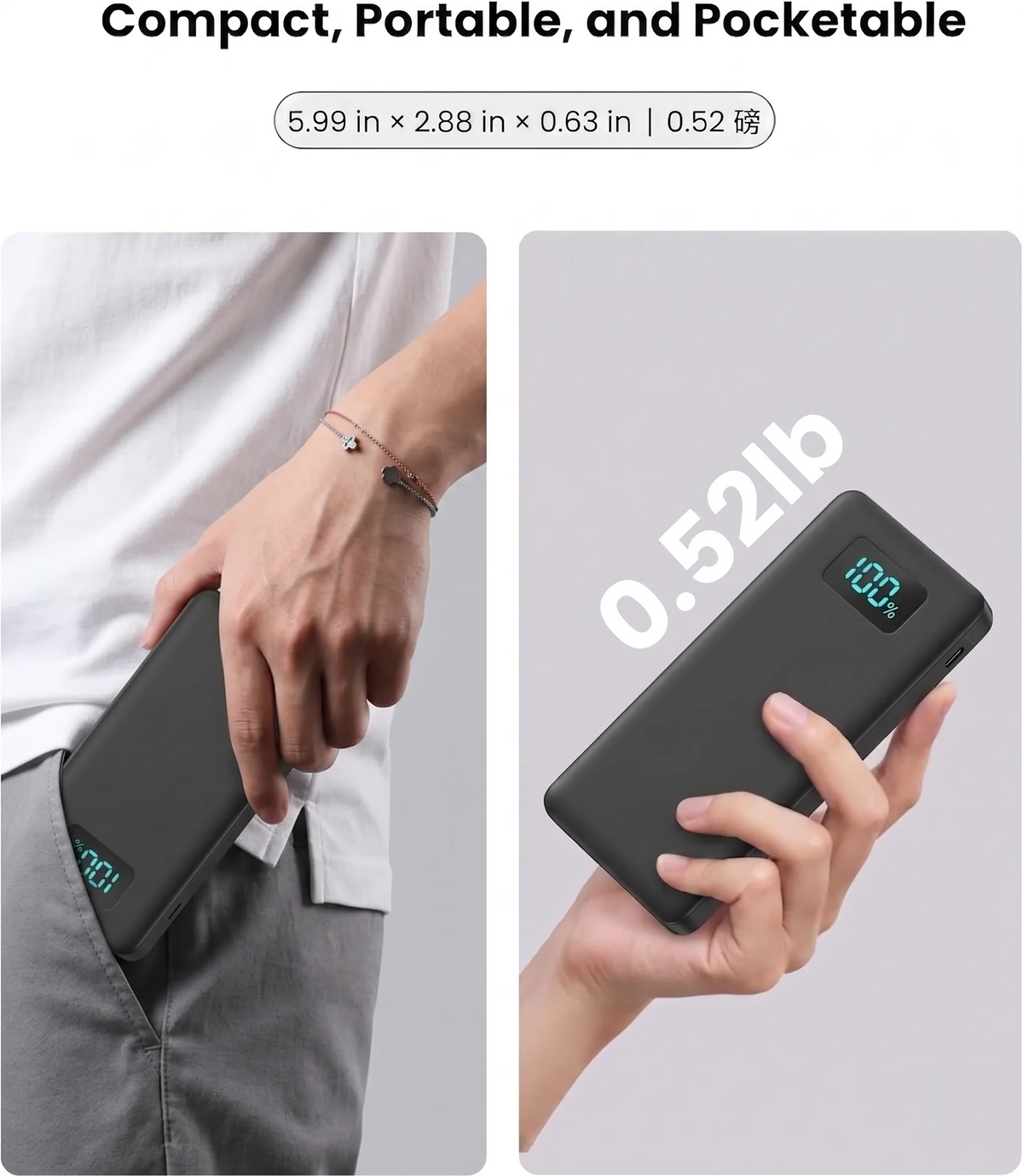 12W PD Charge Powerbank 10000mAh Thin Portable Charger Type C USB C External Battery Backup Power Supply with LED Display for Travel Camping Fits iPhone 17 16 15 14 Plus Pro Max Samsung Galaxy S26 S25 Ultra S24 Google Pixel 9