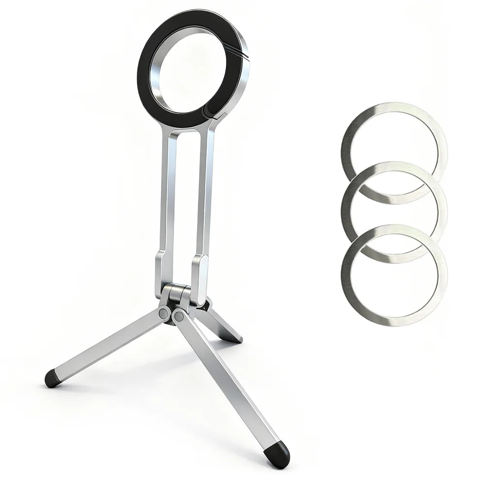 Alloy Magnetic Phone Tripod Foldable Portable Stand Carabiner-Mounted Desk Support with 3 Magnetic Rings for iPhone 14 15 Xiaomi