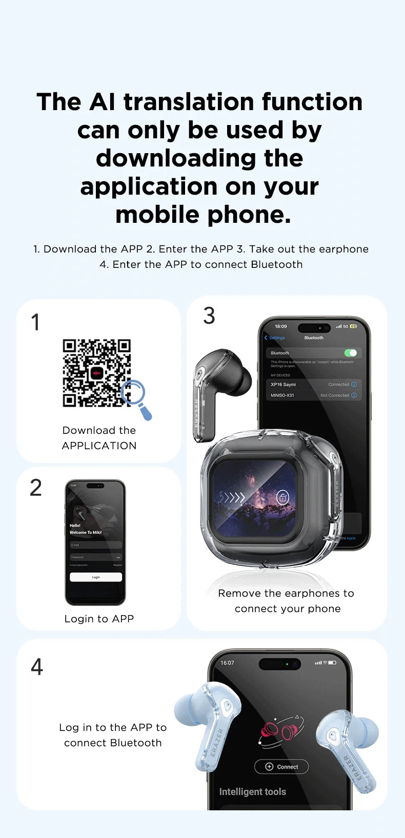 Low Latency Earphones ERAZER XP16 Wireless Earbuds AI Translation High-definition LCD Display For Music Sports Gaming Office