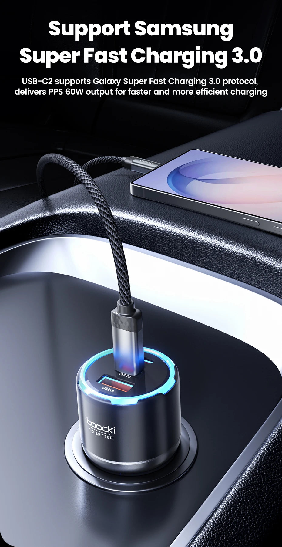 Toocki 150W USB C Car Charger PD3.0 PPS SFC3.0 for iPhone 17 Samsung S26 Ultra Xiaomi Huawei Fast USB Type C Car Phone Charger