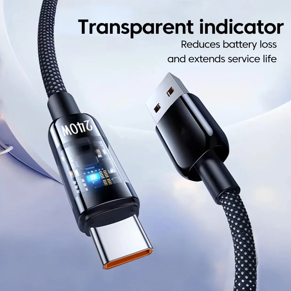 USB C Quick Charging Cable 240W Braided Transparent Type C High-speed Charger Wire for 16/17 for Samsung Huawei Mi Data Line