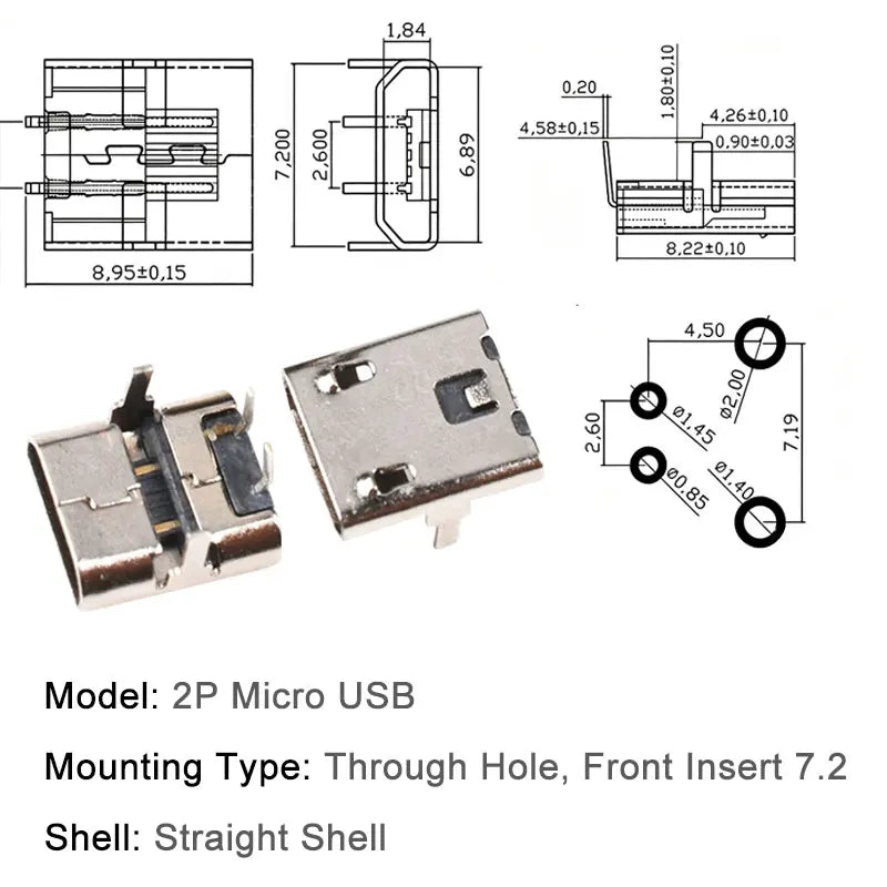 10PCS Micro USB Android Female Charging Socket, Flat Edge Crimped Type, 5Pin, 4 Mounting Pins, SMD & DIP Tail Connector