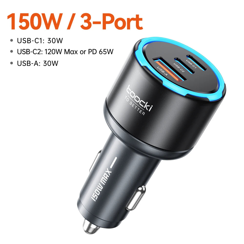 Toocki 150W USB C Car Charger PD3.0 PPS SFC3.0 for iPhone 17 Samsung S26 Ultra Xiaomi Huawei Fast USB Type C Car Phone Charger
