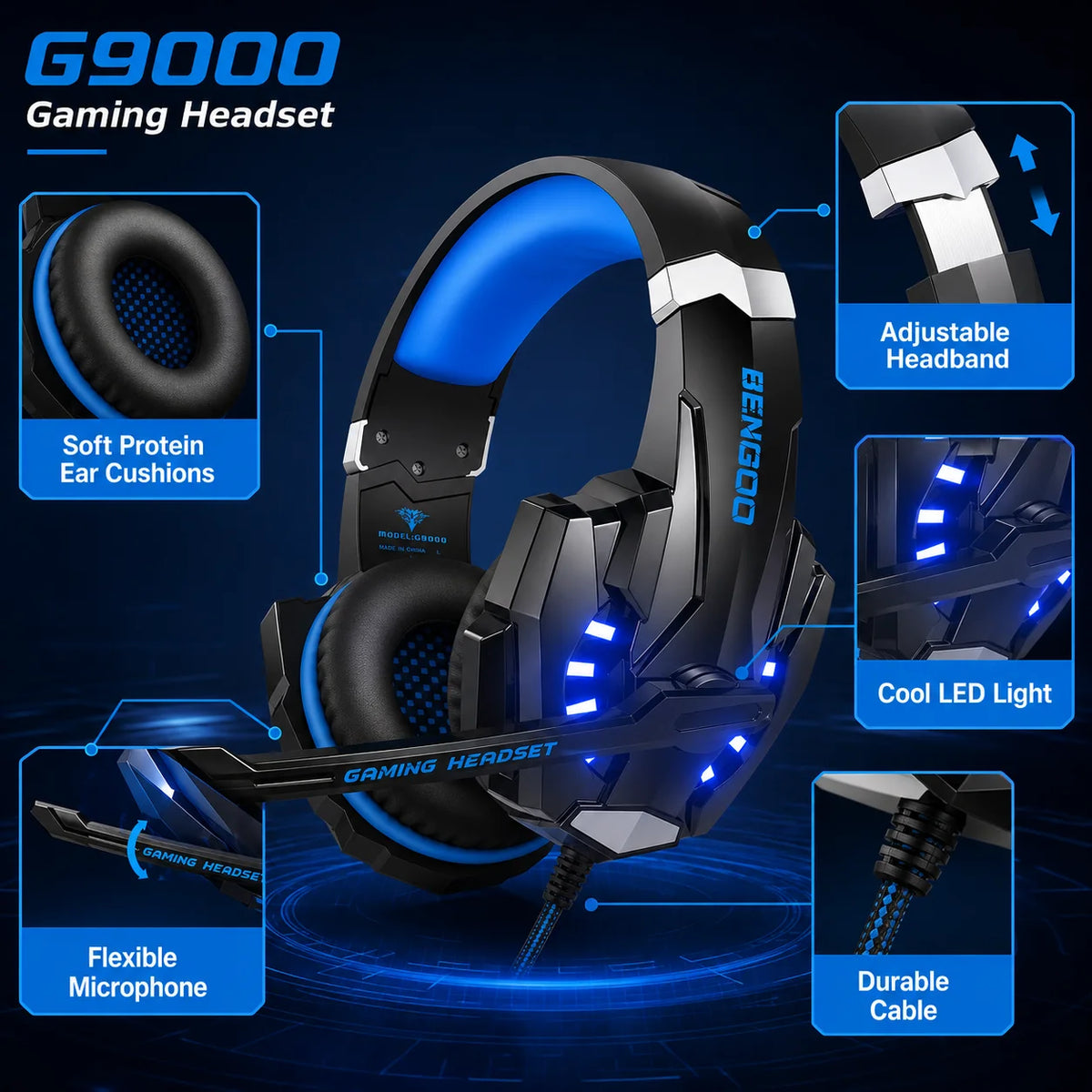 G9000 Wired Gaming Headset with Mic, Blue LED Stereo Over-Ear Headphones for PC PS4 PS5 Xbox Switch Laptop Mobile