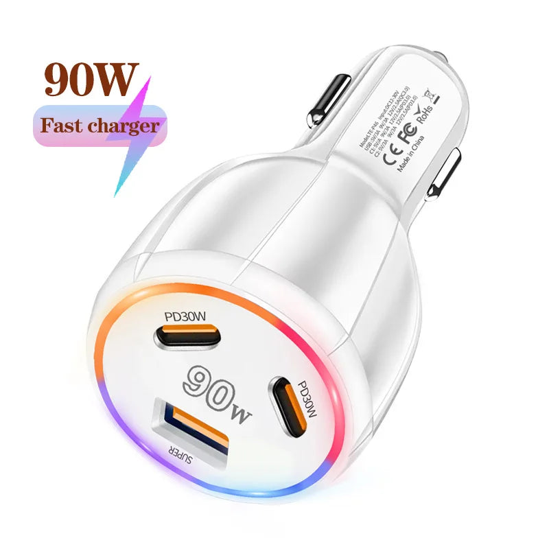 90W 3 Port Car Charger Super Fast Charger QC3.0 PD30W PPS High-Power Cigarette Lighter Fast Charger for iPhone/Huawei/Samsung