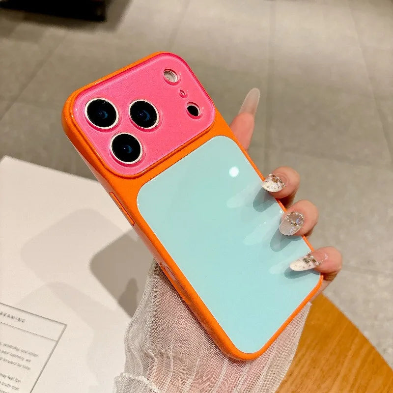 Fashion Dopamine Color-Block Phone Case for IPhone 18 Pro Max 17 16 15 14 Pro Max Candy-Color Glass Back Shockproof Phone Case