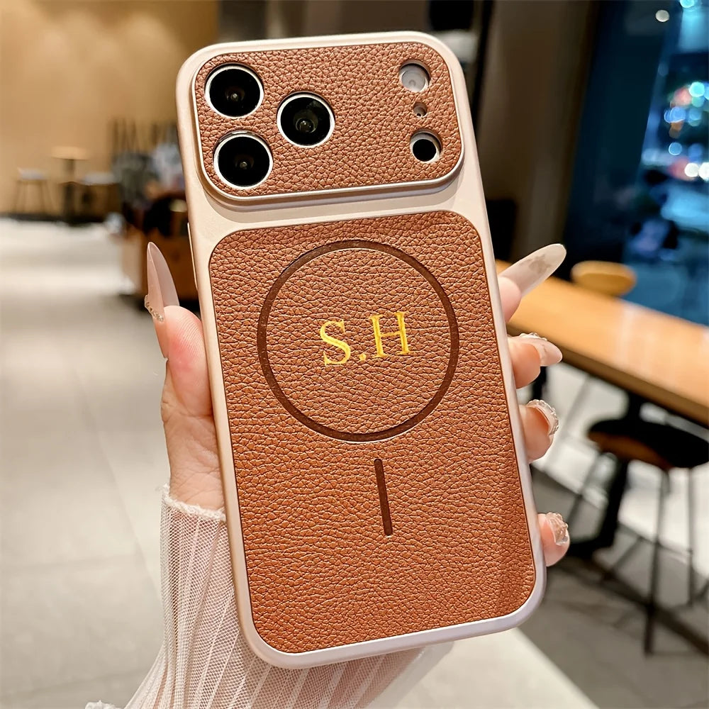 Personalized Custom Name Thin Circle Magnetic Lychee Pattern TPU Phone Case for iPhone 17 16 15 14 13 Pro Max Air Gift